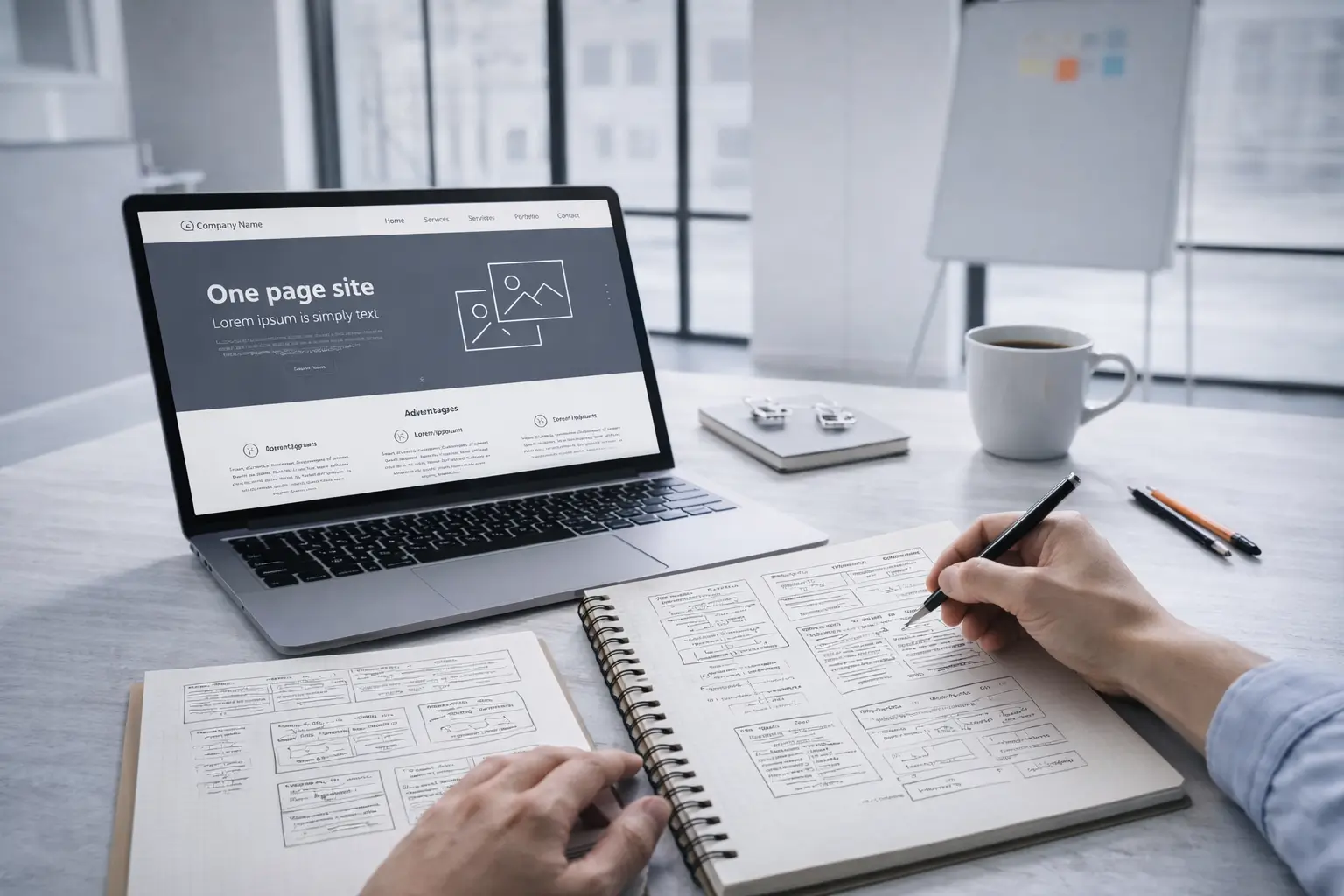 Wireframe planning on a laptop for a digital product