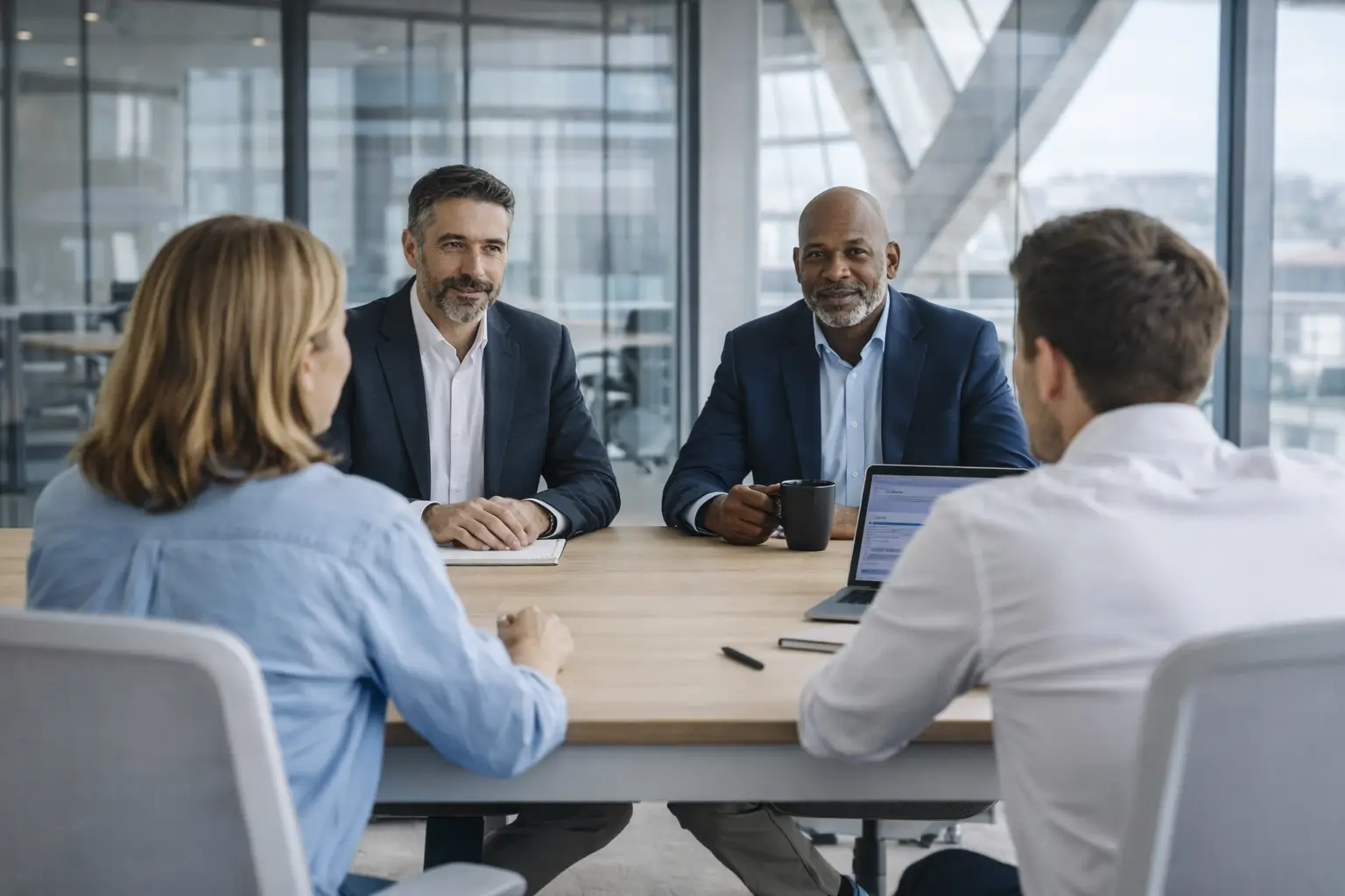 A collaborative meeting between a digital team and business partners in a modern office