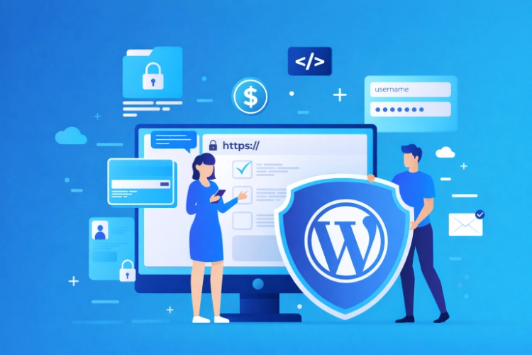 Illustration showing WordPress website security and maintenance protection